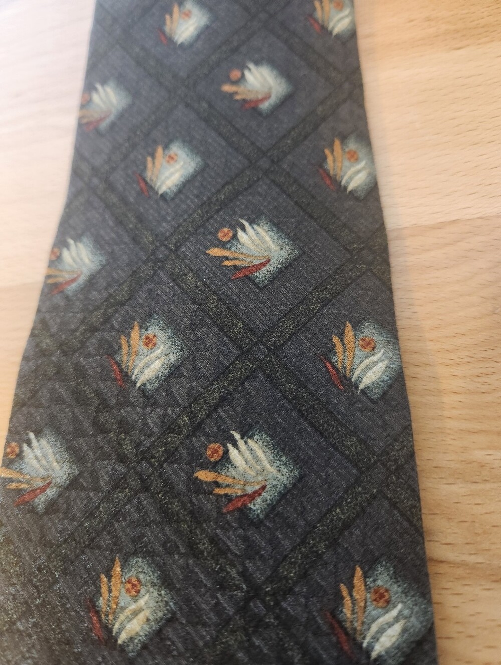 Vintage Lands End Silk Tie Green Jacquard Abstract Botanical Classic Preppy USA